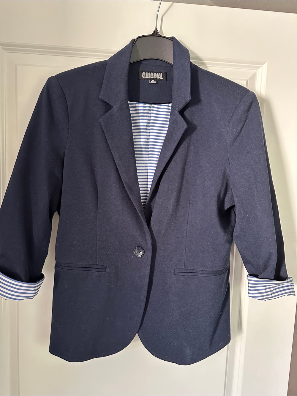 Nicole Miller Navy Single-Button Blazer with Striped Lining